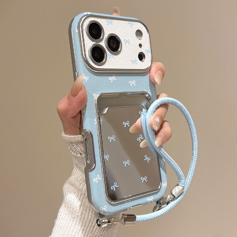 Quirky Phone Accessories - เคสโทรศัพท์แบบมีกระจกและที่ใส่บัตรลายโบว์น่ารัก สำหรับ iPhone17 16 15 14