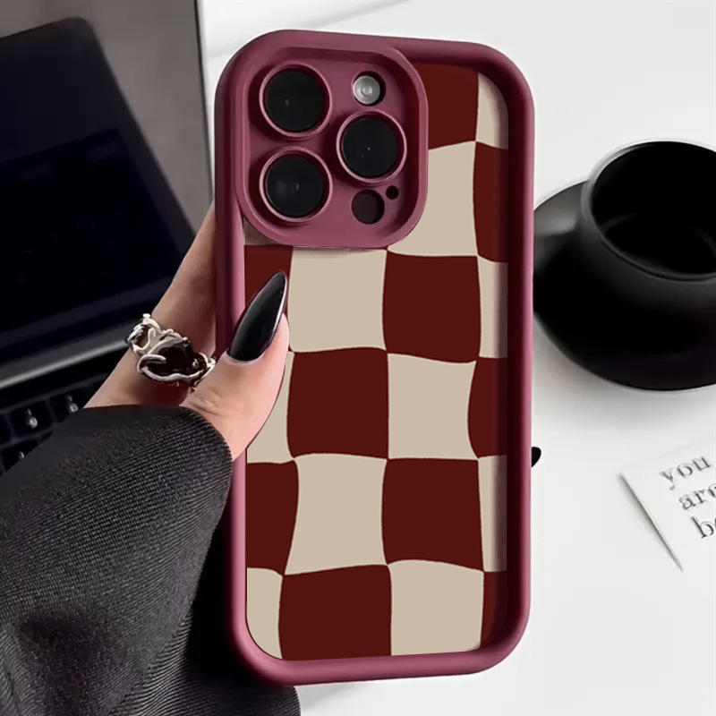 Phone Accessories Red - เคสโทรศัพท์ลายตารางสีแดงไวน์สำหรับ iPhone 17 Air 16 15