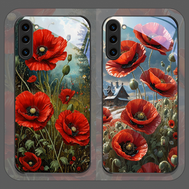 Phone Accessories Red - เคสโทรศัพท์มือถือลายดอกป๊อปปี้เรโทรสีแดงสดพิมพ์บนกระจกนิรภัยสำหรับ Samsung Galaxy S26 S25 Ultra