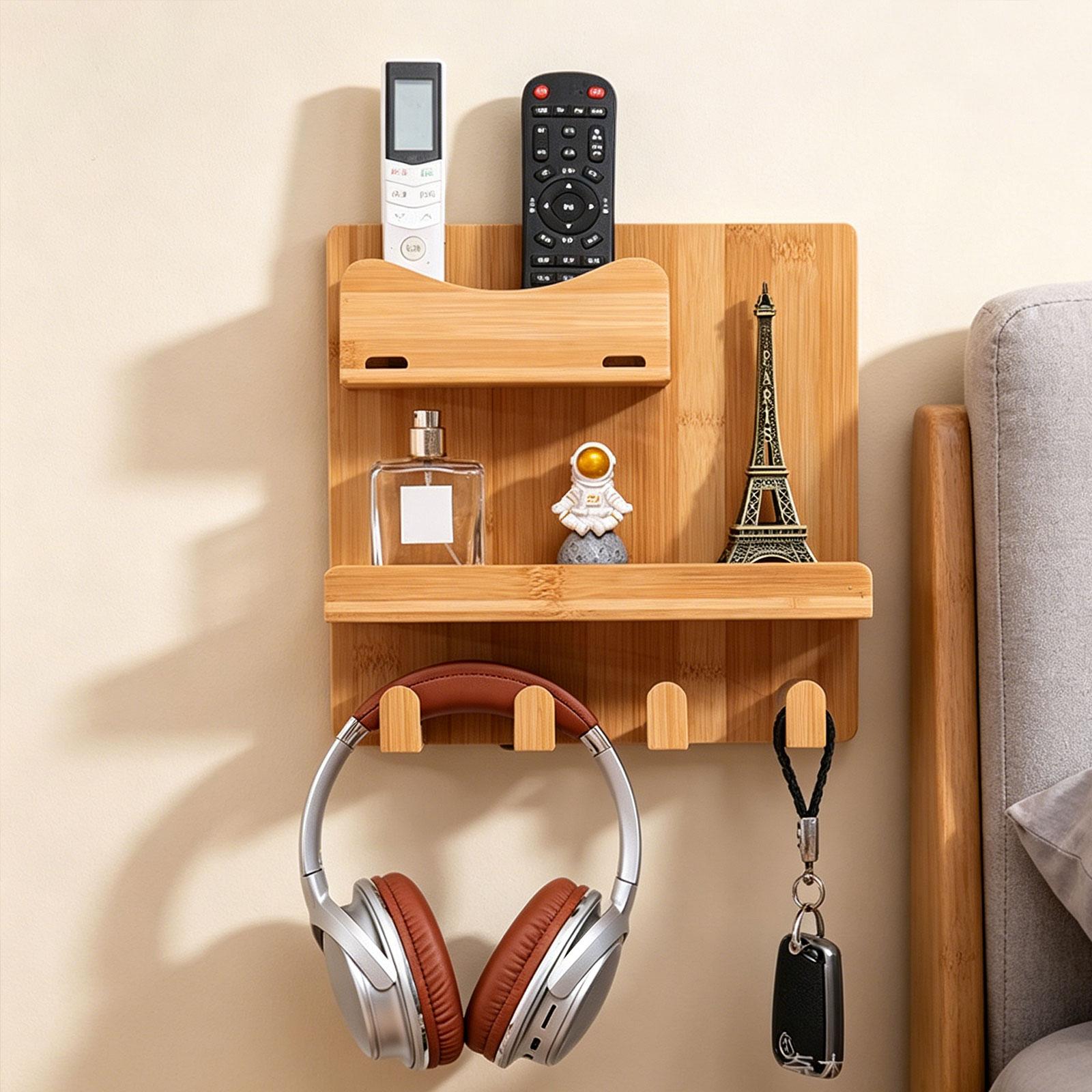 Phone Accessories Europe - ชั้นวางของติดผนังข้างเตียงพร้อมตะขอแขวน ถาดคู่ ชั้นวางของข้างเตียงไม้สำหรับรีโมทและโทรศัพท์