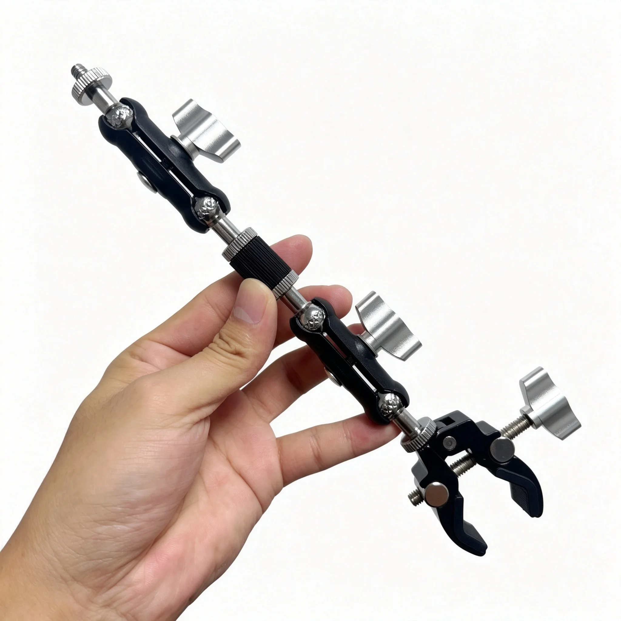 Phone Accessories Video - แคลมป์โลหะสำหรับกล้องพร้อมหัวบอลคู่และแขนปรับได้สำหรับติดตั้งจอภาพ DSLR ไฟ ไมโครโฟน โกโปร และโทรศัพท์