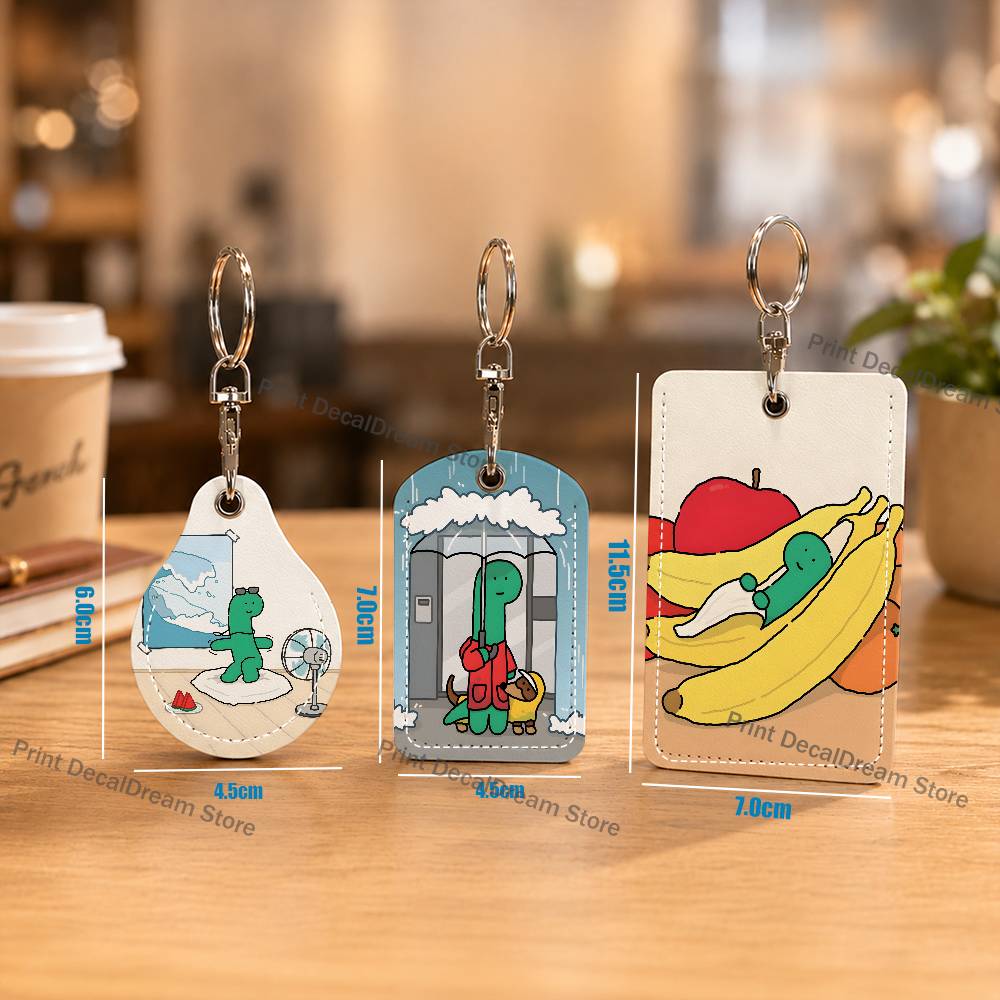 Airtag Holder Case - พวงกุญแจหนัง PU รูปไดโนเสาร์สีเขียว พร้อมช่องใส่บัตร สำหรับใส่บัตรประจำตัว บัตรเข้าออก